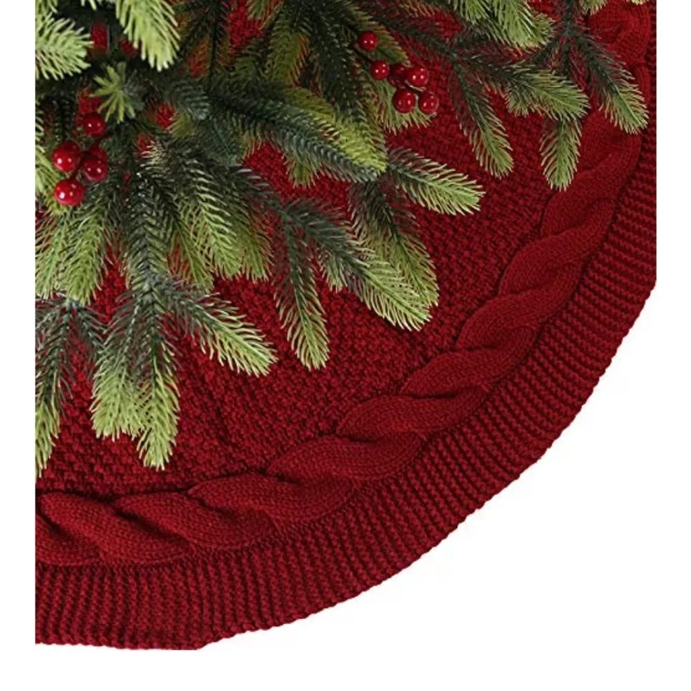 Thick Luxury Cable Knit Rustic Holiday Christmas Tree Skirt 36” BURGUNDY